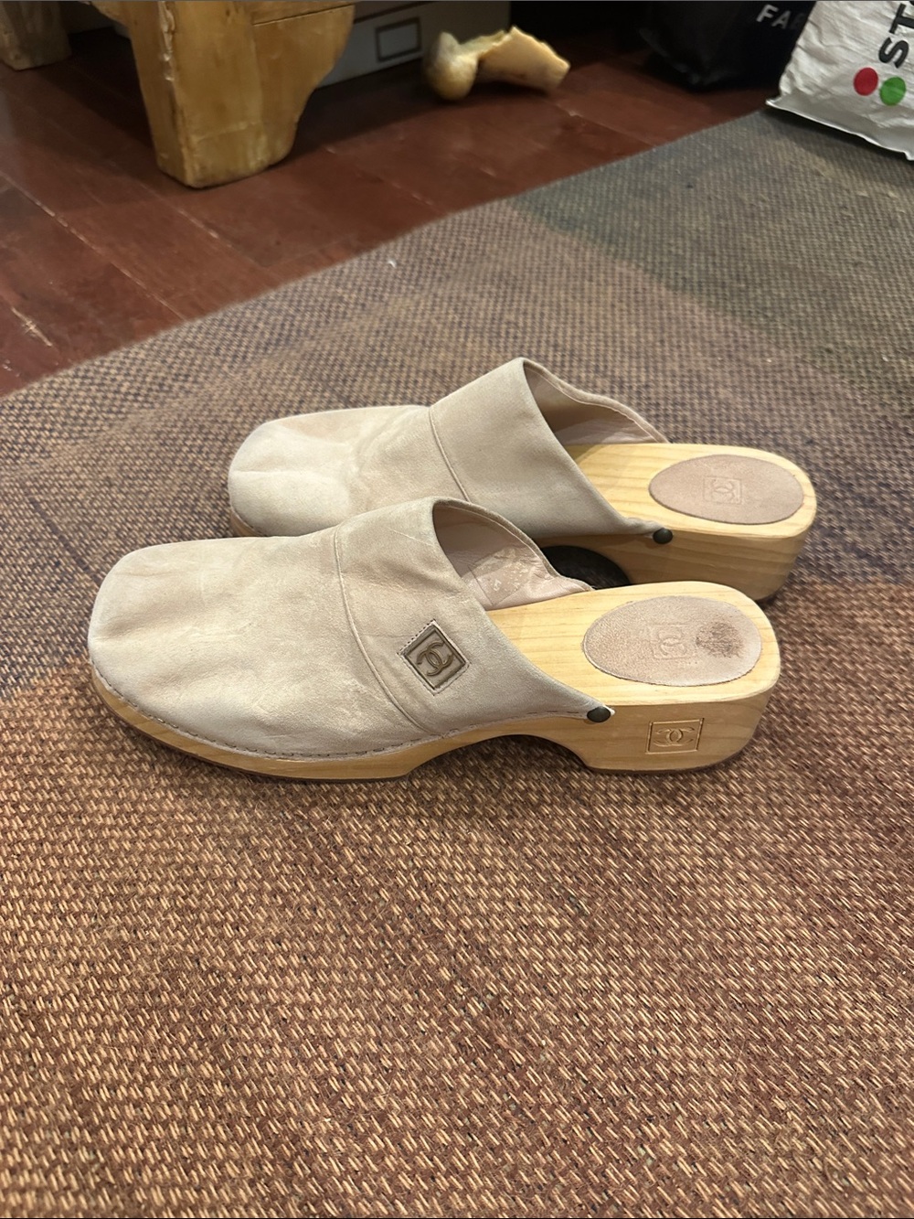 CHANEL Beige Suede Clog Mules with Wood Heel